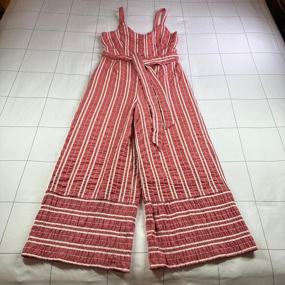 Anthropologie Ett Twa Jumpsuit Womens Small Red Robin Seersucker Stripe Belt Tie - Picture 2 of 14